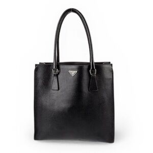 Prada Enameled Metal Triangle Black Leather Tote Bag